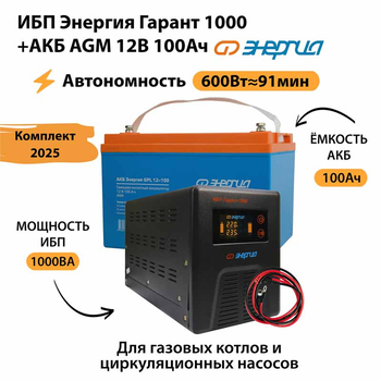 ИБП для котла Энергия Гарант 1000 + Аккумулятор 100 Ач 12 В (600Вт - 91мин) - ИБП и АКБ - ИБП для котлов - . Магазин оборудования для автономного и резервного электропитания Ekosolar.ru в Балашихе