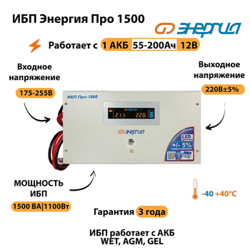 Энергия ИБП Про 1500 12В - ИБП и АКБ - ИБП для котлов - . Магазин оборудования для автономного и резервного электропитания Ekosolar.ru в Балашихе