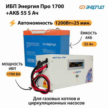 ИБП Энергия Про 1700 + Аккумулятор S 55 Ач - 12В (1200Вт - 25мин) - ИБП и АКБ - ИБП для котлов - . Магазин оборудования для автономного и резервного электропитания Ekosolar.ru в Балашихе