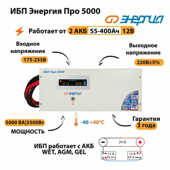 Энергия ИБП Про 5000 24В - ИБП и АКБ - ИБП для котлов - . Магазин оборудования для автономного и резервного электропитания Ekosolar.ru в Балашихе