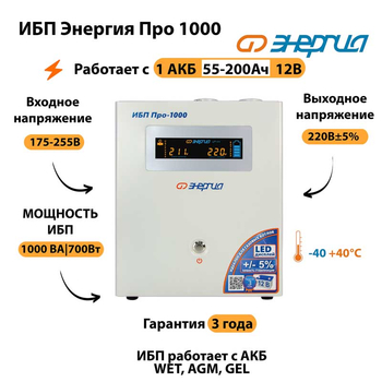 Энергия ИБП Про 1000 12В - ИБП и АКБ - ИБП для котлов - . Магазин оборудования для автономного и резервного электропитания Ekosolar.ru в Балашихе