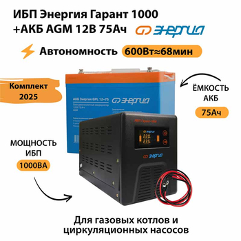 ИБП для котла Энергия Гарант 1000 + Аккумулятор 75 Ач 12 В (600Вт - 68мин) - ИБП и АКБ - ИБП для котлов - . Магазин оборудования для автономного и резервного электропитания Ekosolar.ru в Балашихе