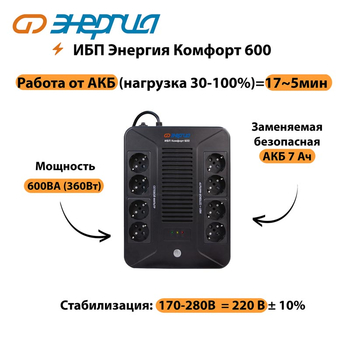 ИБП Комфорт 600 Энергия - ИБП и АКБ - ИБП для компьютера - . Магазин оборудования для автономного и резервного электропитания Ekosolar.ru в Балашихе