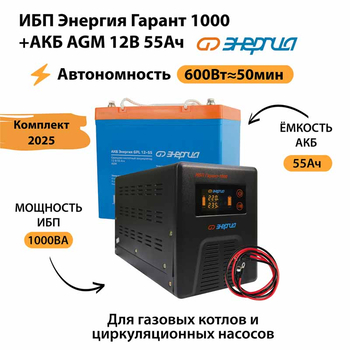 ИБП для котла Энергия Гарант 1000 + Аккумулятор 55 Ач 12 В (600Вт - 50мин) - ИБП и АКБ - ИБП для котлов - . Магазин оборудования для автономного и резервного электропитания Ekosolar.ru в Балашихе