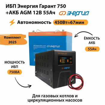 ИБП для котла Энергия Гарант 750 + Аккумулятор 55 Ач 12 В (450Вт - 67мин) - ИБП и АКБ - ИБП для котлов - . Магазин оборудования для автономного и резервного электропитания Ekosolar.ru в Балашихе