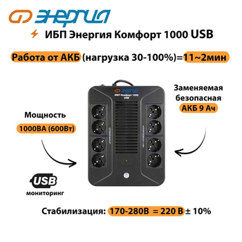 ИБП Комфорт 1000 USB Энергия - ИБП и АКБ - ИБП для компьютера - . Магазин оборудования для автономного и резервного электропитания Ekosolar.ru в Балашихе